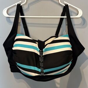 Striped Aqua, White and Black Bikini Top